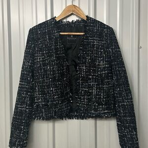 Bagatelle Women’s Tweed Jacket Black White Blue Fringe Trim Bouclé Chic Parisian